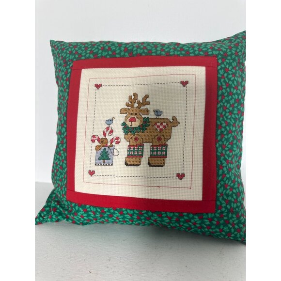 Handmade Cross Stitch Reindeer Christmas Pillow With Red & Green Holly Design 12 - Picture 3 of 7
